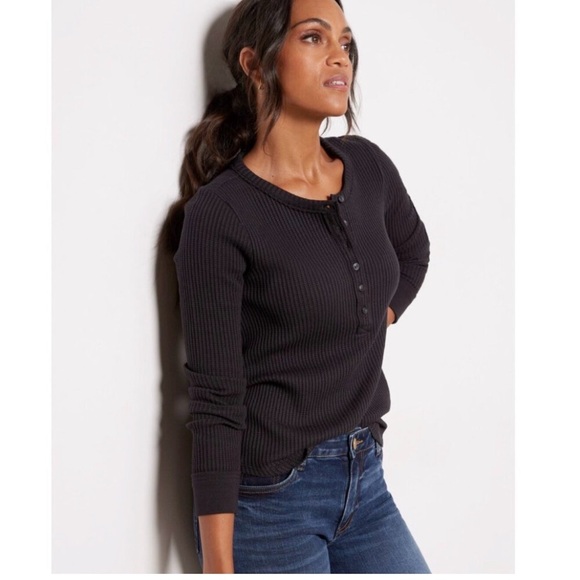 Free People Tops - Faherty Charcoal Waffle Henley Long Sleeve Button Neckline Raw Hem Size L